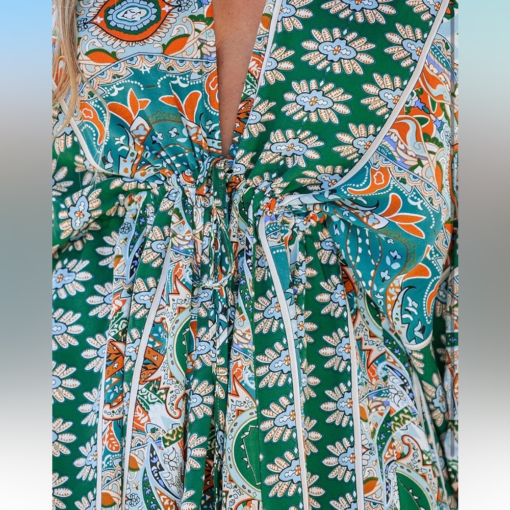 Floral Print Tie Front Dress 3/4 Sleeves Paisley Beach Mini Dresses(NWT)size Med - Picture 5 of 5
